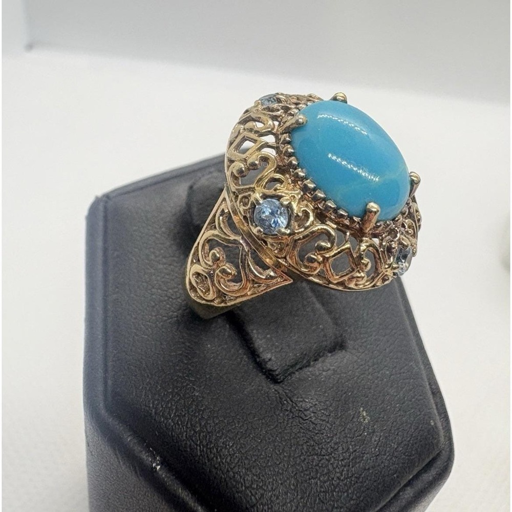 LIRM 925 Sterling Silver 18K Gold Overlay Oval Turquoise‎ Blue Topaz Ring Size 7
